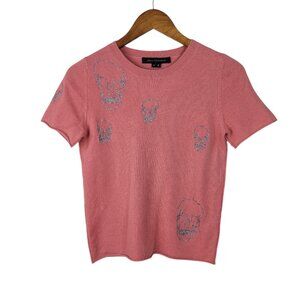 Skull Cashmere Sweater Size XS Pink Silver Embroidered Skulls Short Sleeve Alt